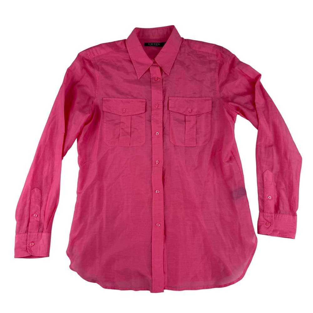 Lauren Ralph Lauren Button Up Shirt Womens Medium Pink Cotton Silk Utility Light